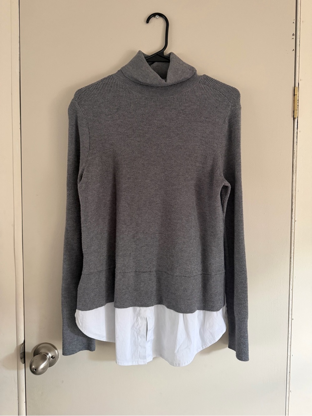 Ann Taylor Gray Cowl-Neck Sweater with White Shirt Hem
